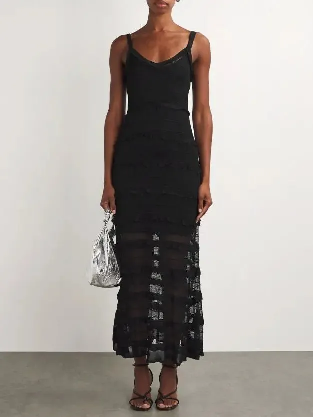 Women’s Black Crochet Long Knit Tiered Sleeveless Dress