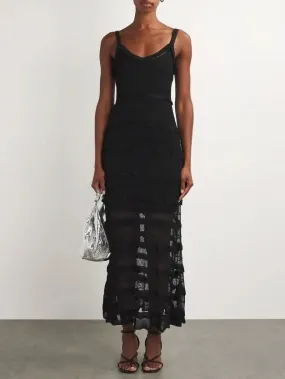 Women’s Black Crochet Long Knit Tiered Sleeveless Dress