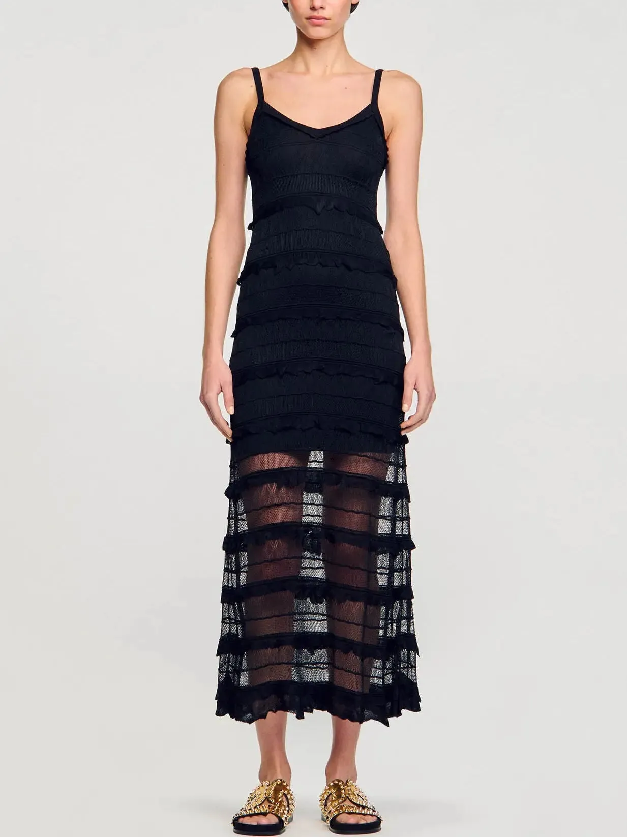 Women’s Black Crochet Long Knit Tiered Sleeveless Dress