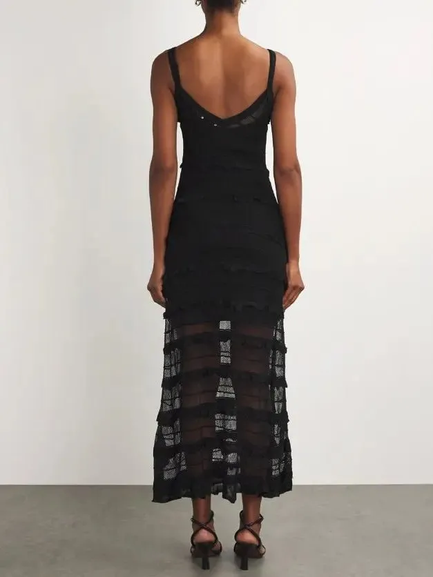 Women’s Black Crochet Long Knit Tiered Sleeveless Dress