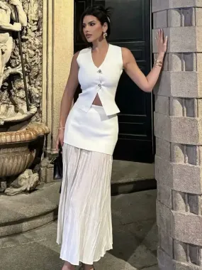 Y2K TRAF 2024 V-Neck Vest Sets Women Elegant Patchwork Pleated Loose Ankle-Length Skirt Set Summer Lady Office Solid Outfit