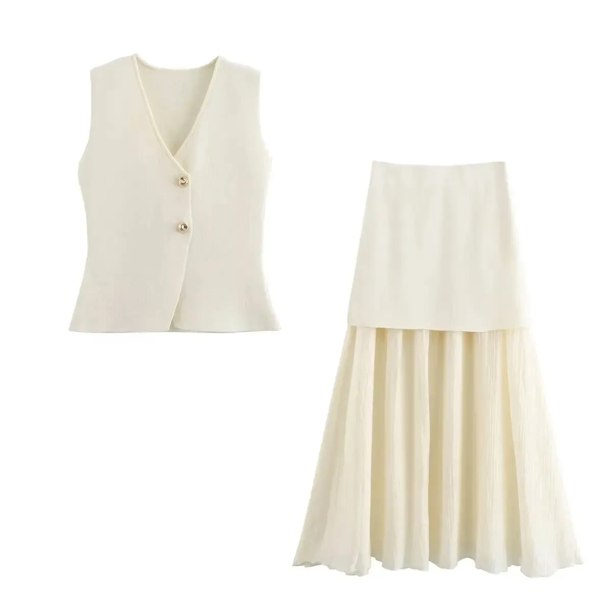 Y2K TRAF 2024 V-Neck Vest Sets Women Elegant Patchwork Pleated Loose Ankle-Length Skirt Set Summer Lady Office Solid Outfit