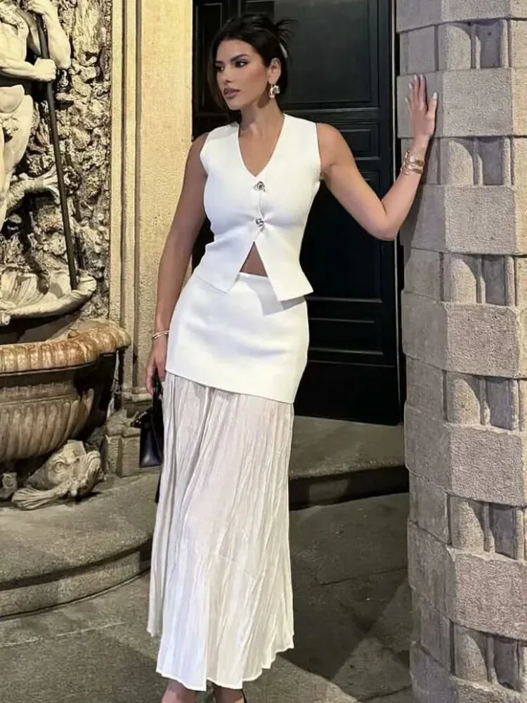 Y2K TRAF 2024 V-Neck Vest Sets Women Elegant Patchwork Pleated Loose Ankle-Length Skirt Set Summer Lady Office Solid Outfit