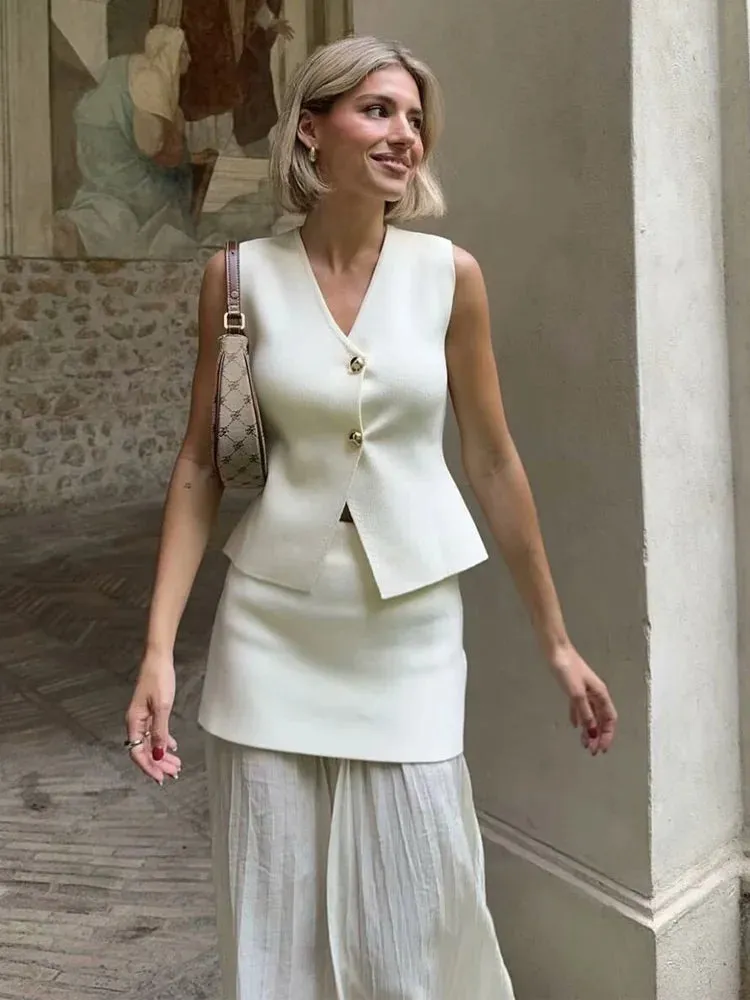 Y2K TRAF 2024 V-Neck Vest Sets Women Elegant Patchwork Pleated Loose Ankle-Length Skirt Set Summer Lady Office Solid Outfit