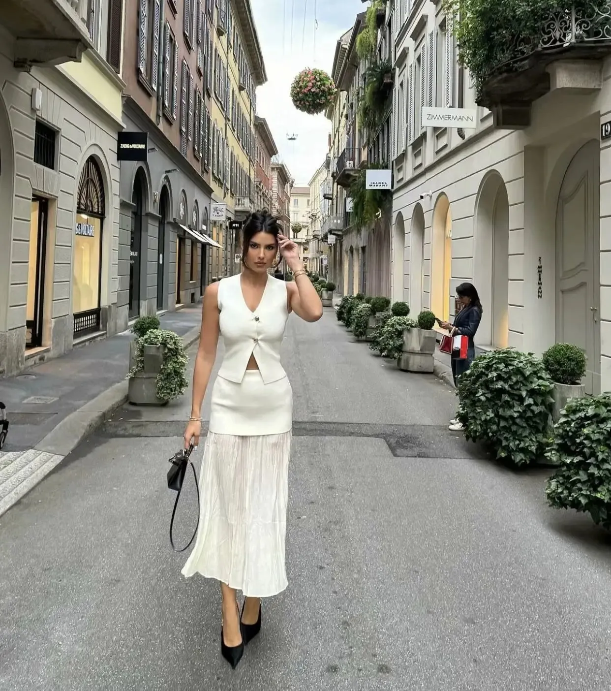 Y2K TRAF 2024 V-Neck Vest Sets Women Elegant Patchwork Pleated Loose Ankle-Length Skirt Set Summer Lady Office Solid Outfit